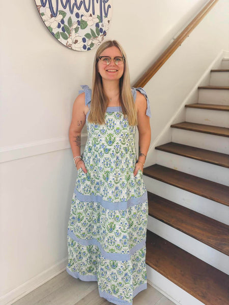 SHE + SKY- GREEN/BLUE SLEEVELESS CONTRAST WOVEN PRINT TIERED MAXI DRES – Ryals Outfitters