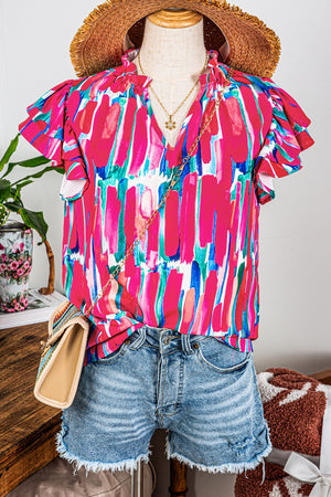 abstract brush frilled blouse