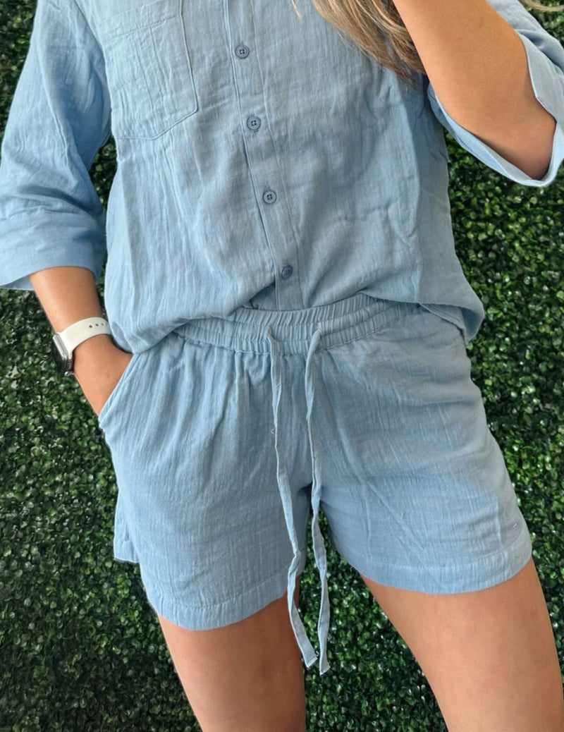 Cotton Gauze Faded Denim Shorts