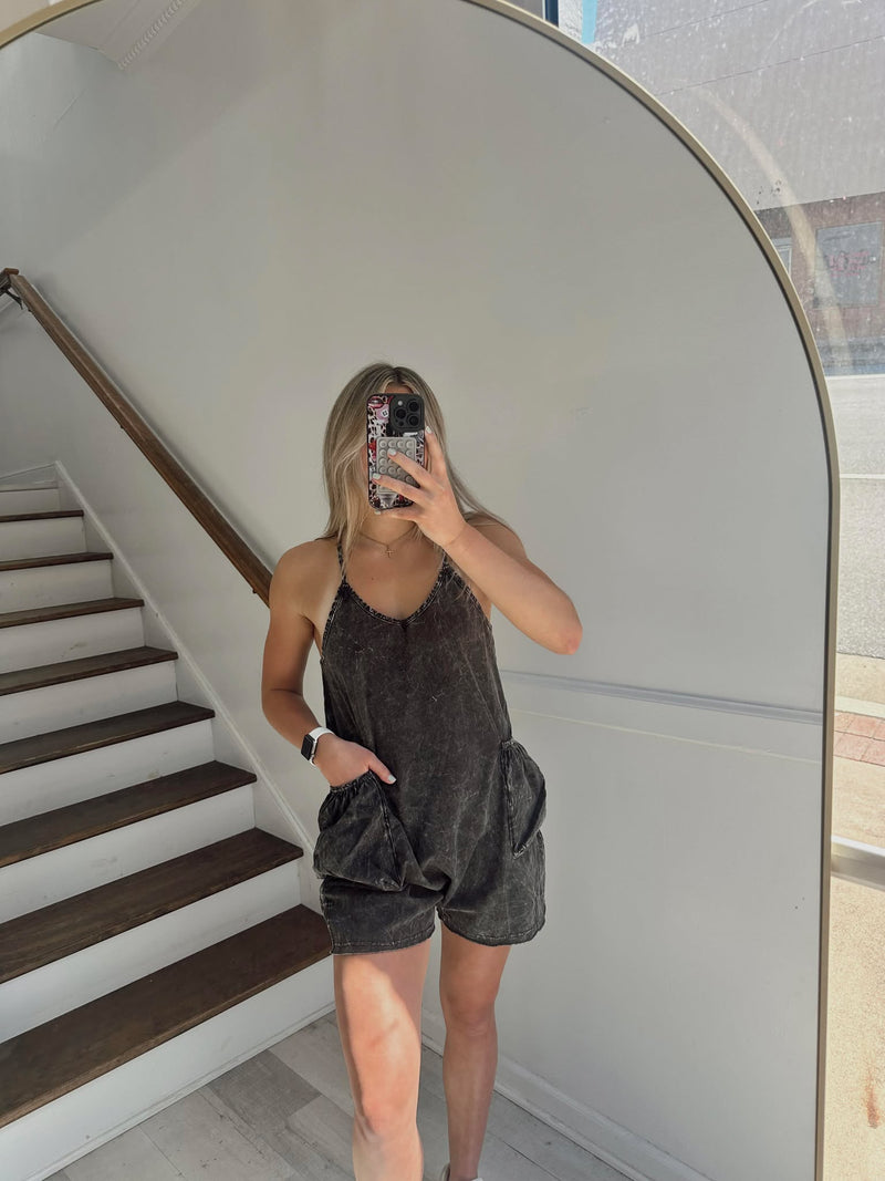 Black Acid Wash Tank Romper