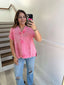 hot pink double gauzed button neck top