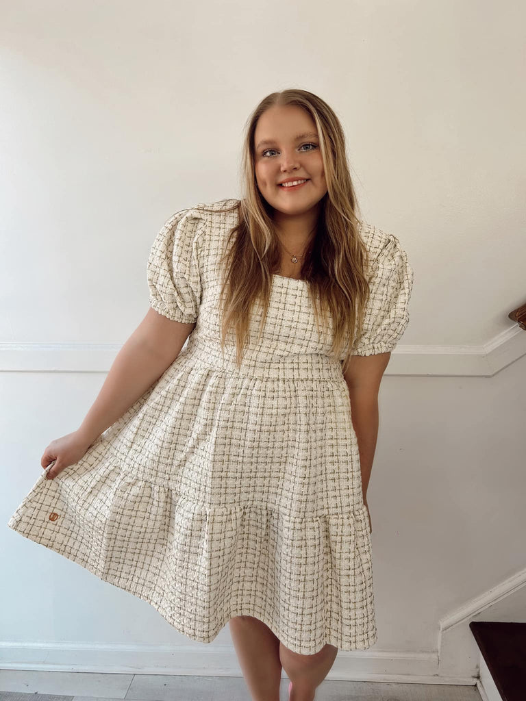 ivory tweed dress Leely Women Ivory Tweed Midi A Line Work Dress with Belt Long Sleeves Round Neck Coat Dress