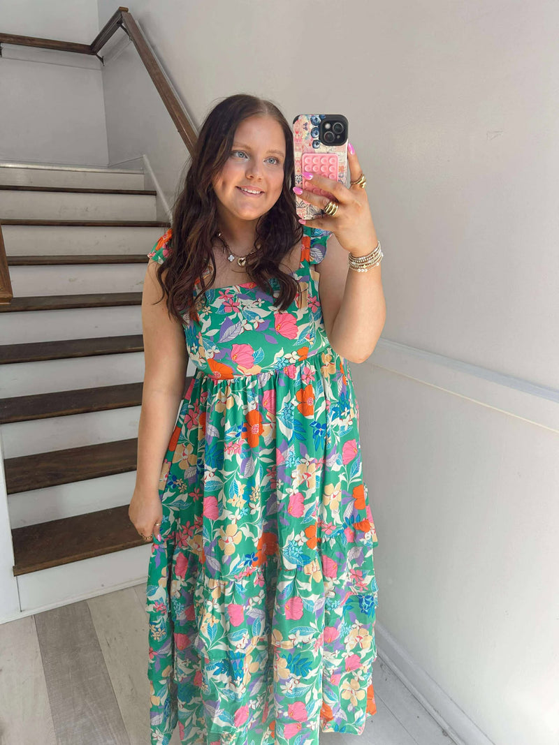 Green Floral Ruffle Tiered Maxi Dress