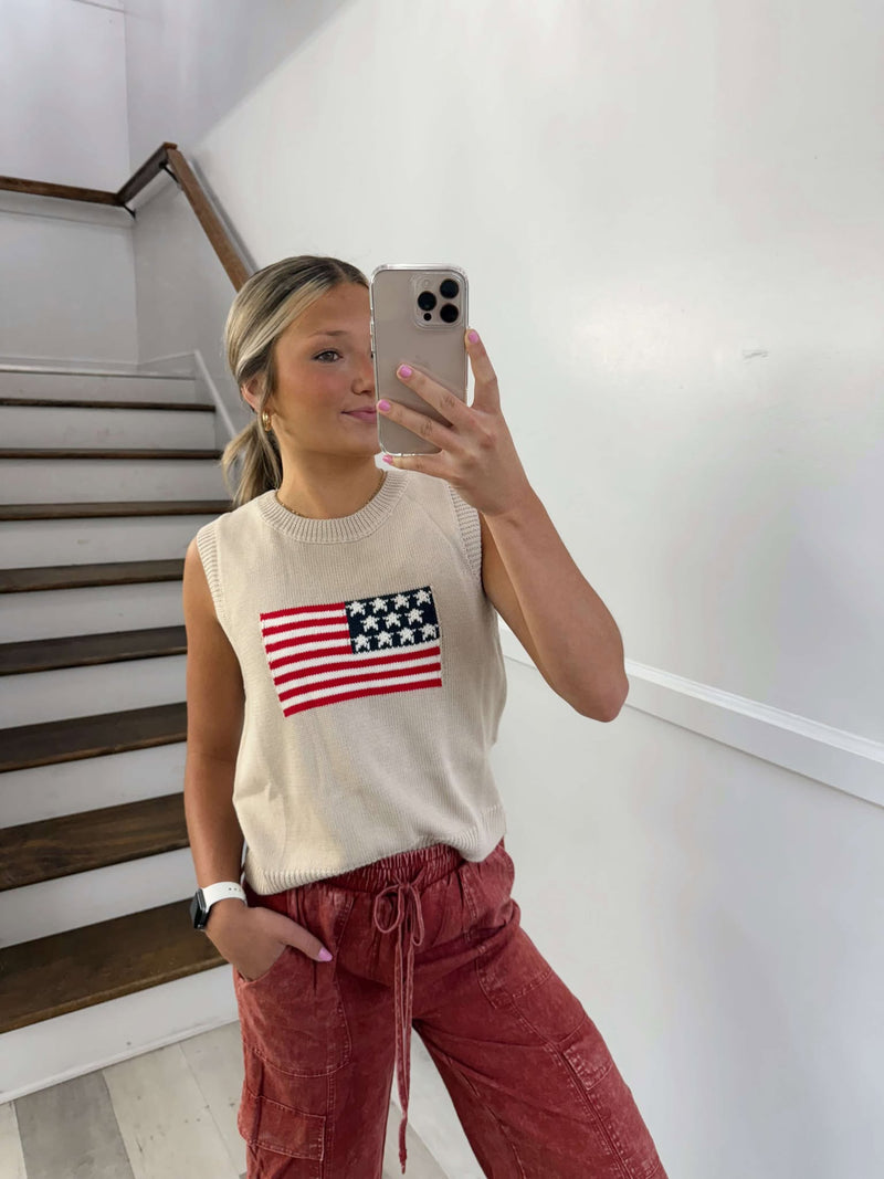 American Flag Sleeveless Sweater Top