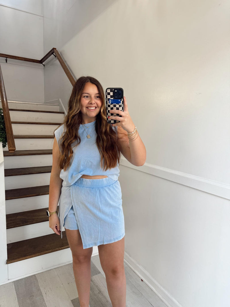 Blue Mineral Wash Skirt Set