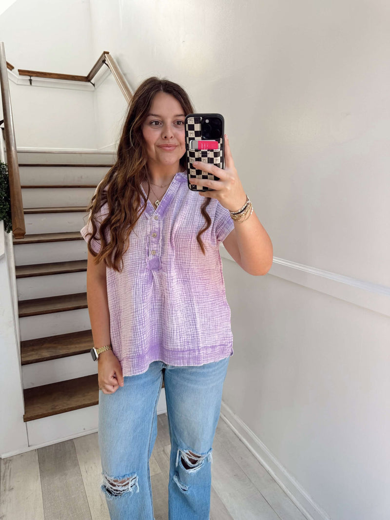 B lavender double gauzed button neck top