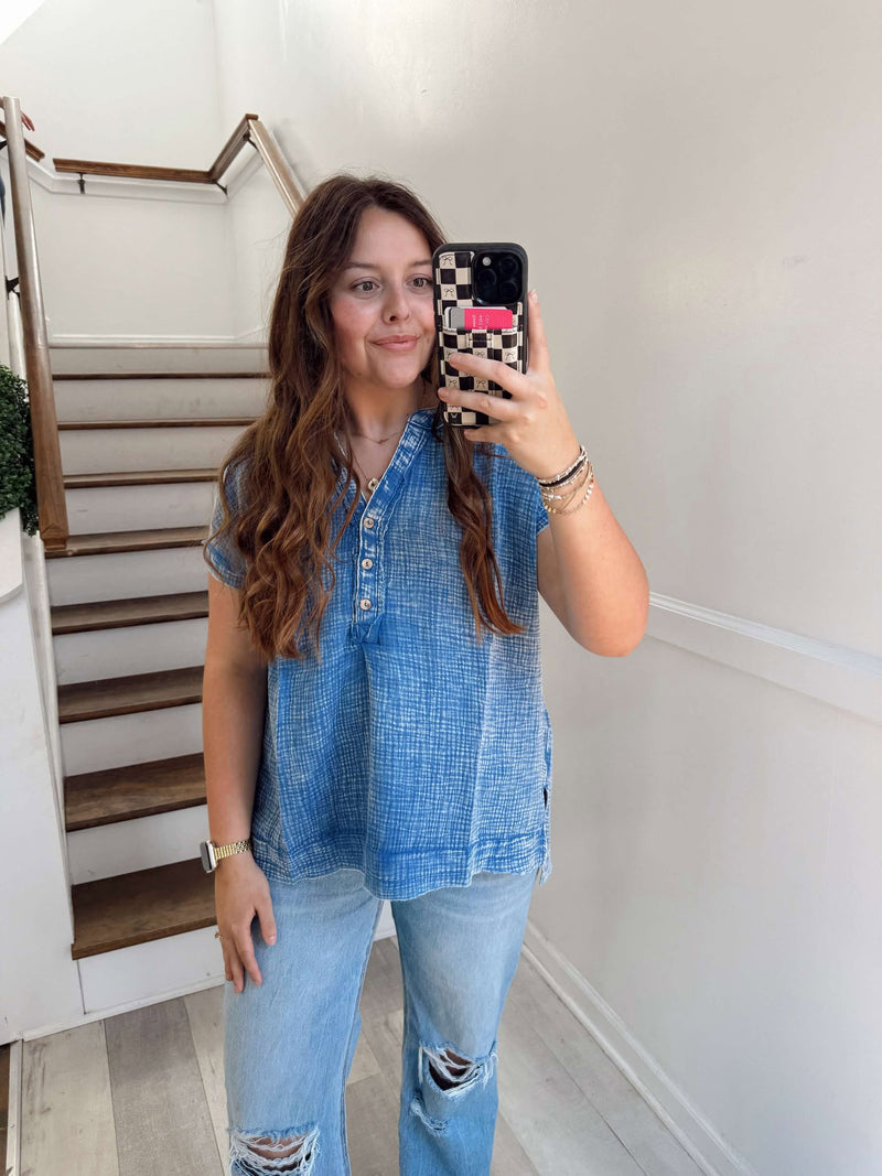 blue double gauzed button neck top