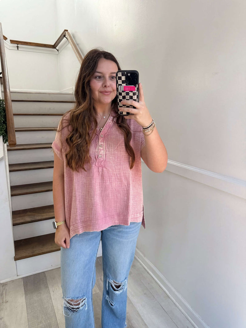 mauve double gauzed button neck top