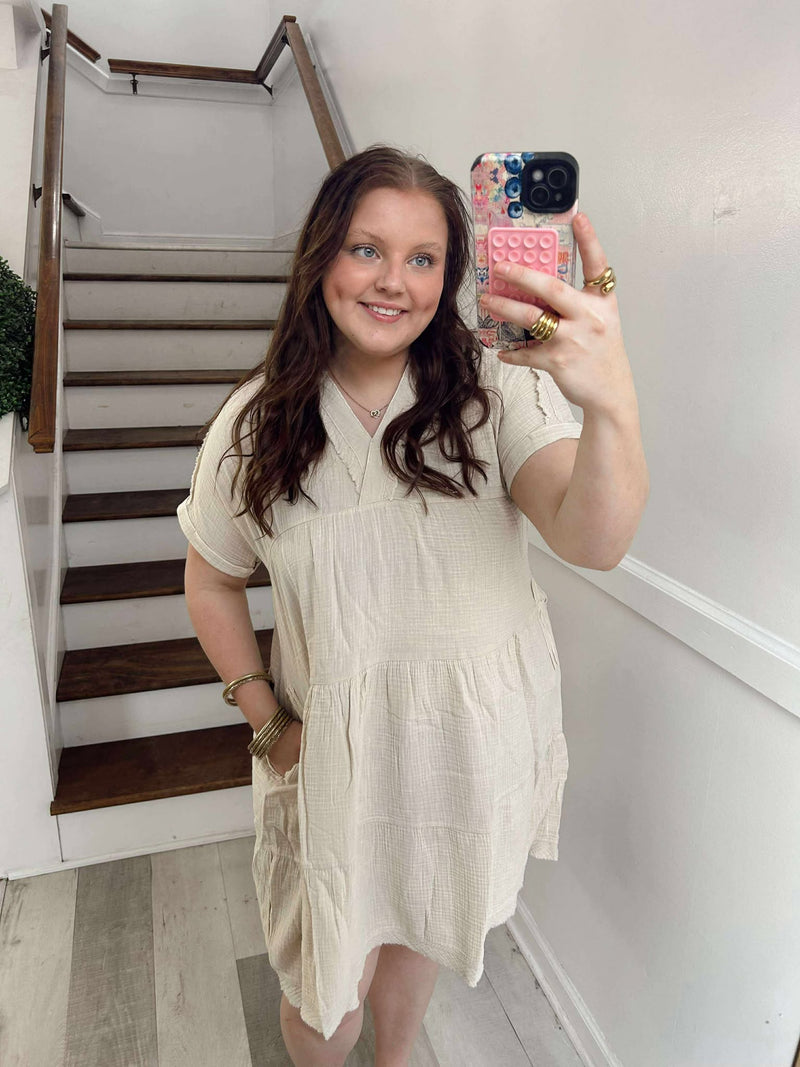 SAND BEIGE V-NECK DRESS