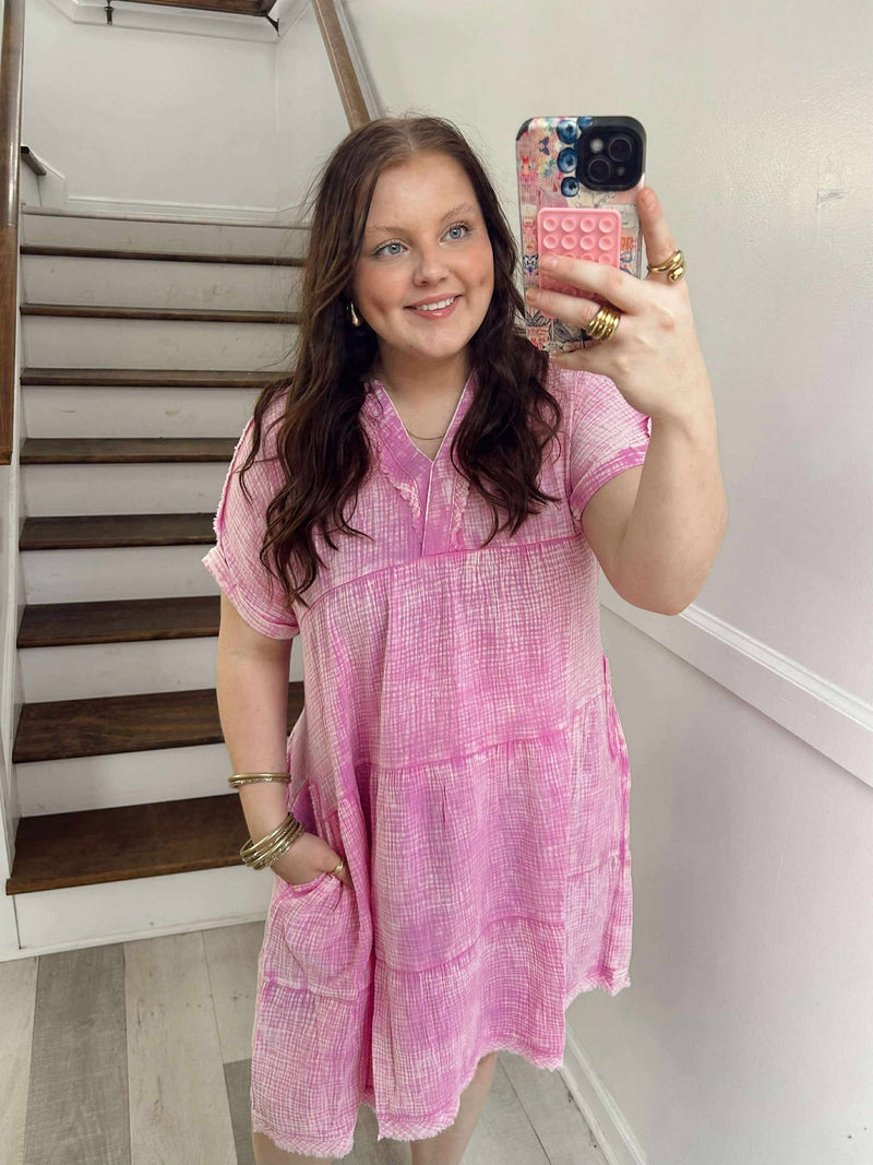 BRIGHT MAUVE V-NECK DRESS