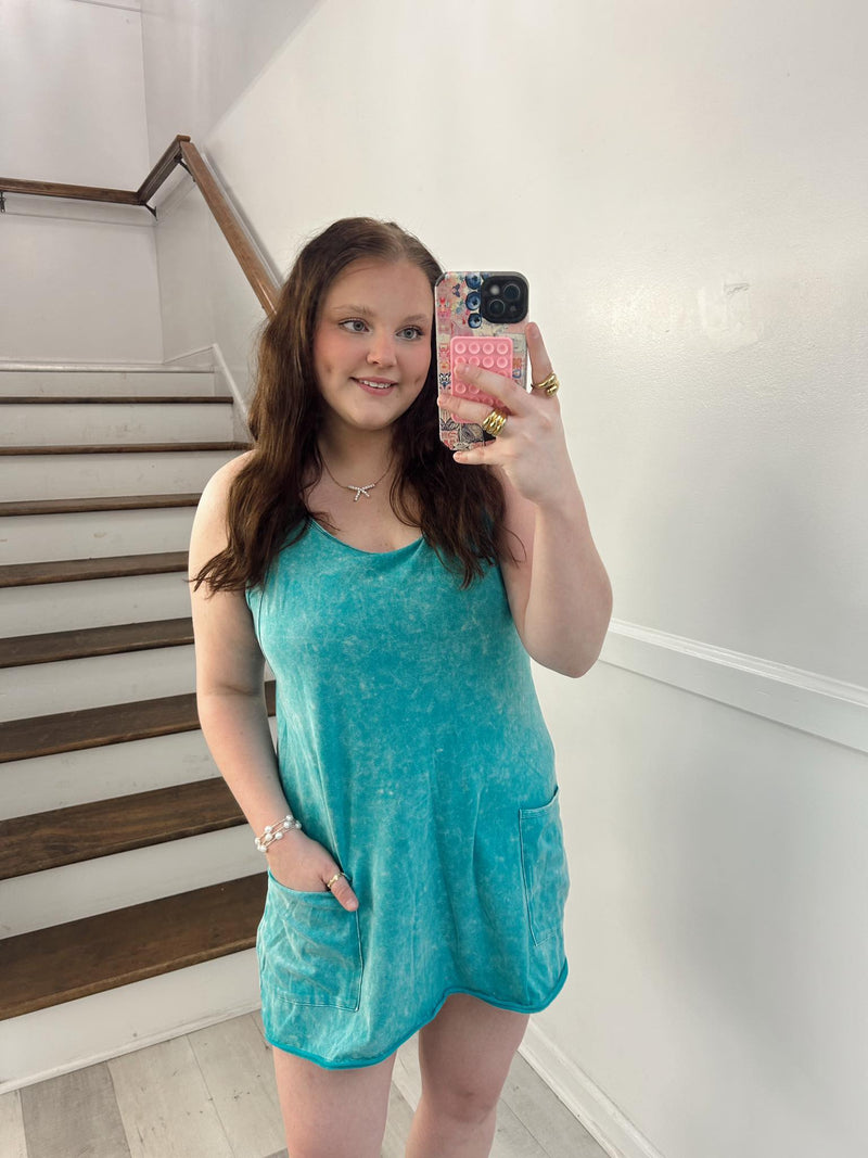 Acid wash teal romper