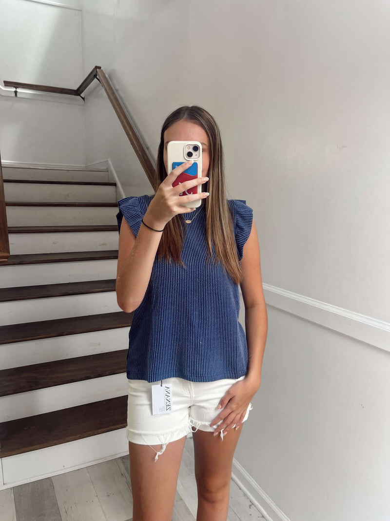 Navy ruffle sleeve top
