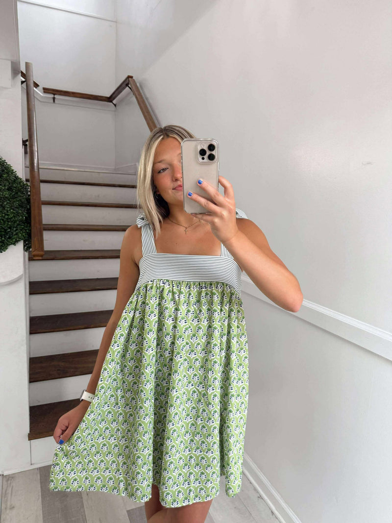 GREEN FLORAL/STRIPED MINI DRESS