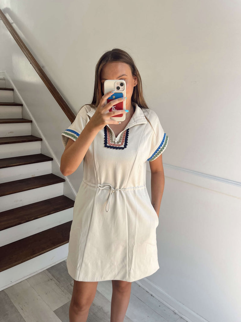 Tan Half-Zip Drawstring Mini Dress