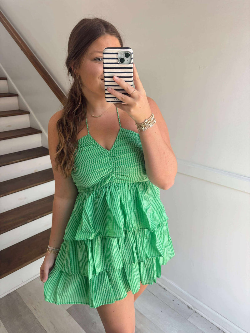 Gingham Ruched Halter Multi Tiered Mini Dress