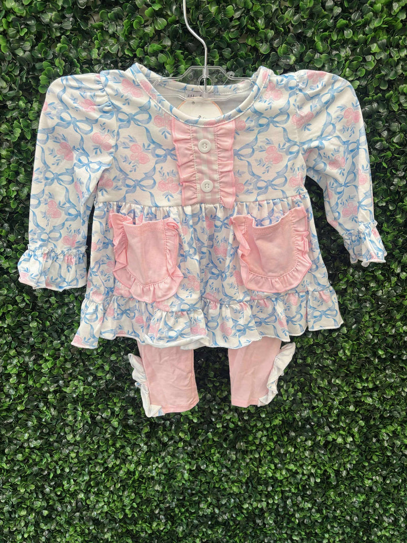 kids Blue floral bow ruffle pants set