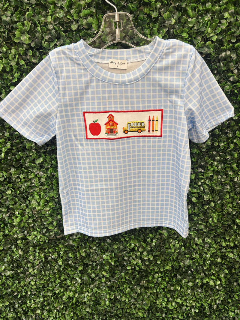 kids Blue Apple Bus Plaid top