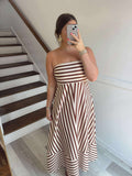 striped fit and flare strapless dress