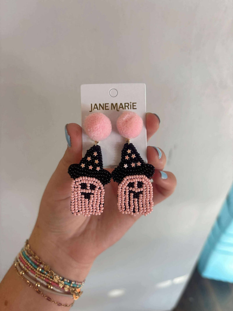 Jane Marie  Pink Pom Post with Pink Ghost in Black Witch Hat