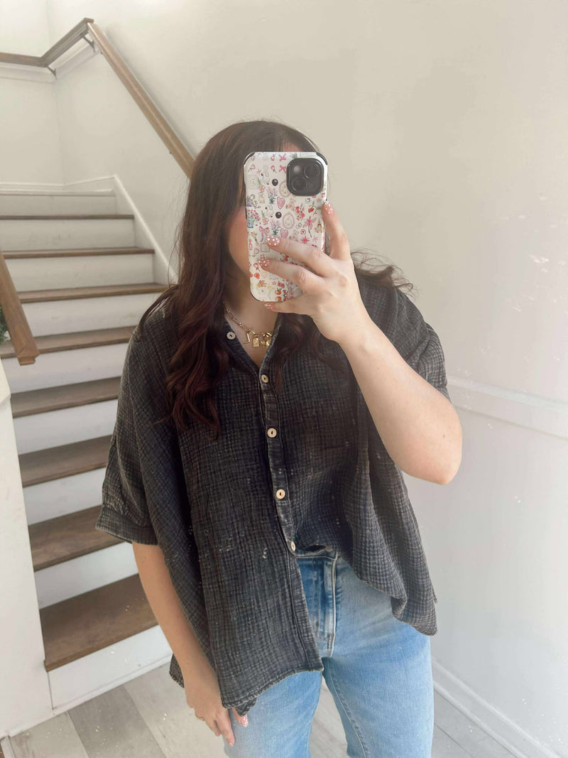 Zenana Ash Black WASHED DOUBLE GAUZE BUTTON DOWN HALF SLEEVE SHIRT
