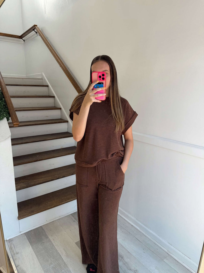 Zenana Brown SHORT SLEEVE TEE & LONG PANTS SET