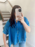 Zenana Ocean Blue WASHED DOUBLE GAUZE BUTTON DOWN HALF SLEEVE SHIRT