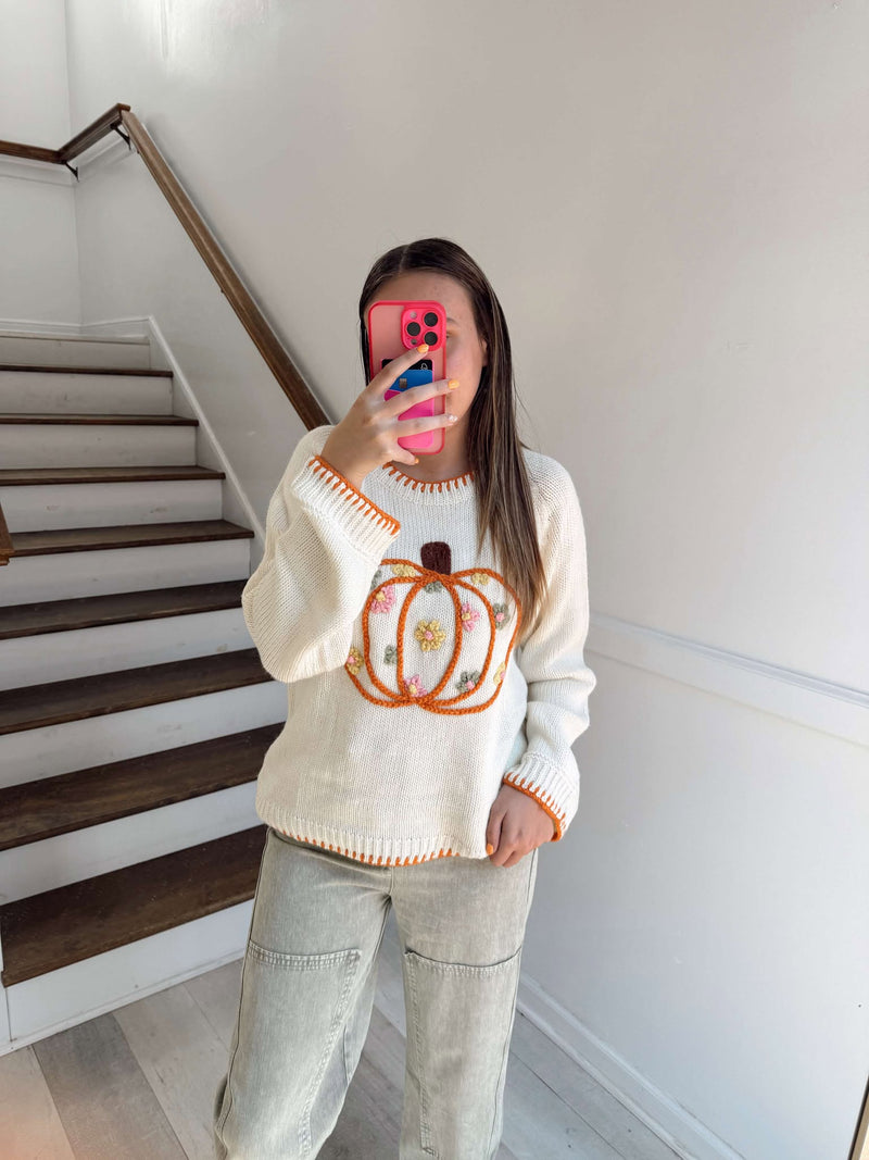 So me- Pumpkin Floral Sweater