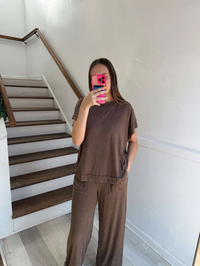 Zenana Brown RIBBED ACID WASH RAYON TOP & PANTS SET