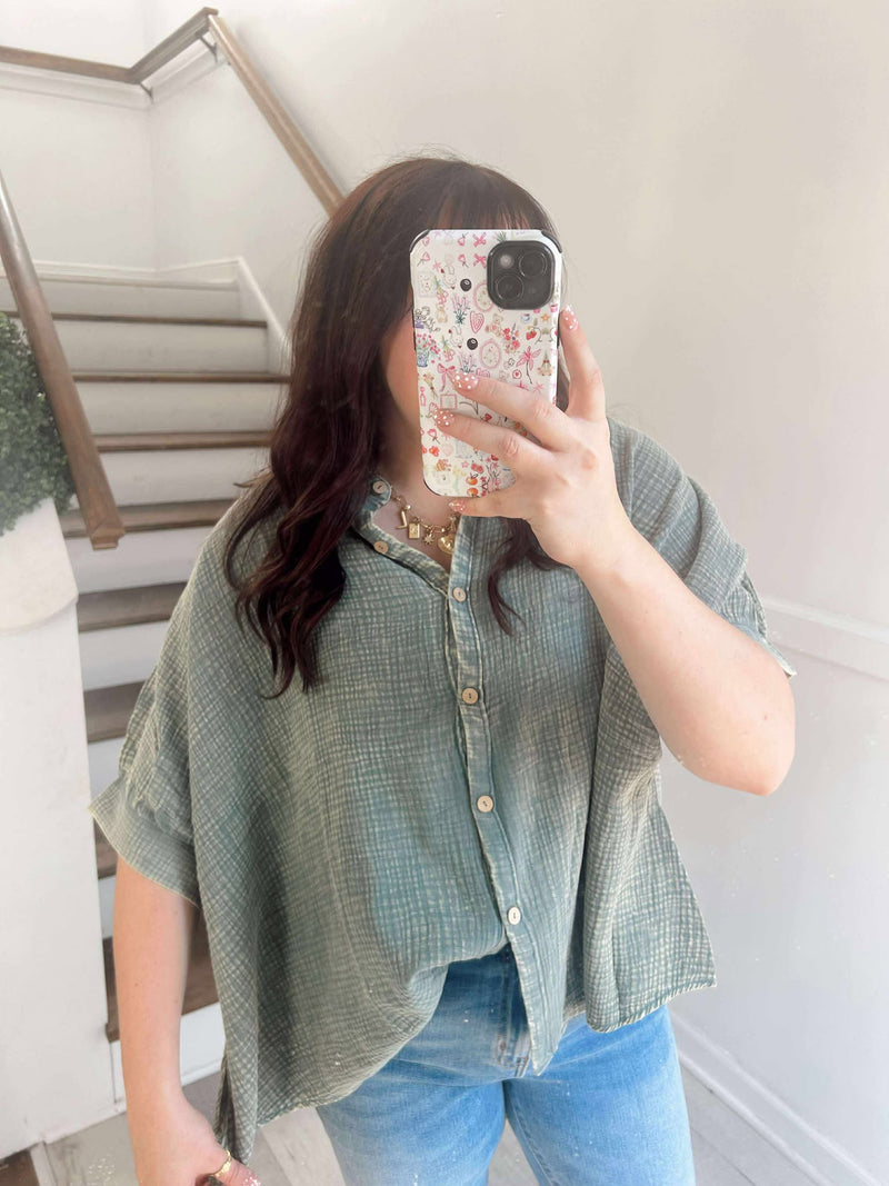 Zenana Ash Jade WASHED DOUBLE GAUZE BUTTON DOWN HALF SLEEVE SHIRT