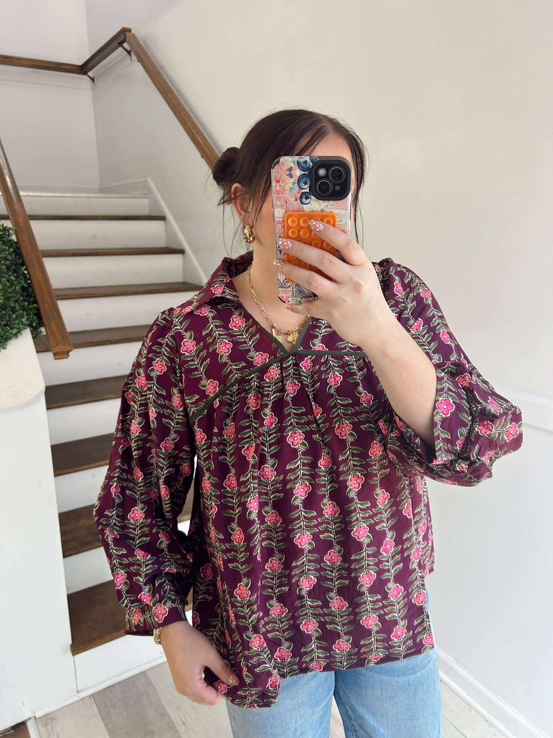 Umgee Plum Floral vine Print Blouse
