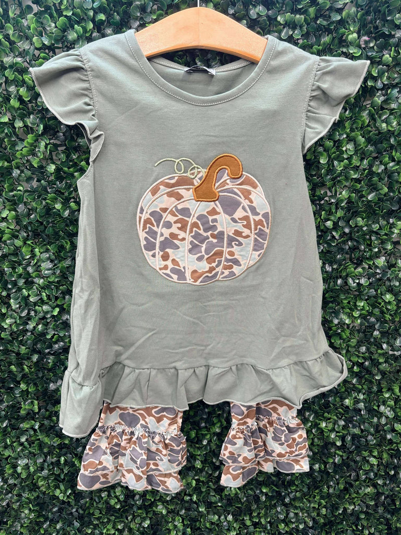 Honeydew Camouflage print pumpkin applique ruffle pants set