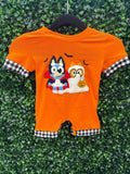 Honeydew Orange halloween character french knot romper