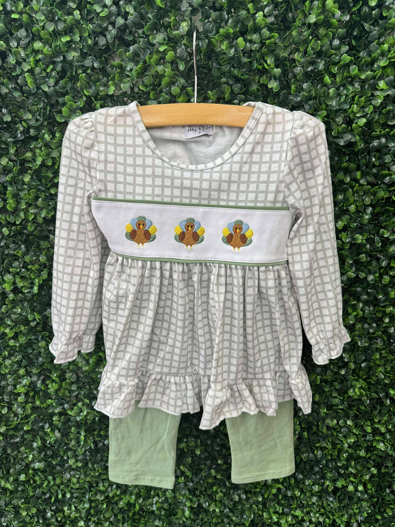 Honeydew Green turkey embroidery gingham ruffle pants set