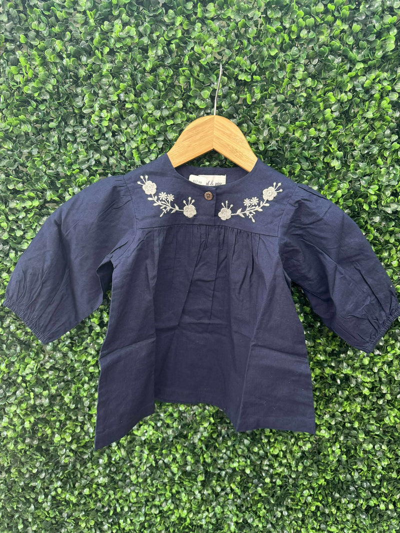Honeydew Navy floral embroidery linen girl dress