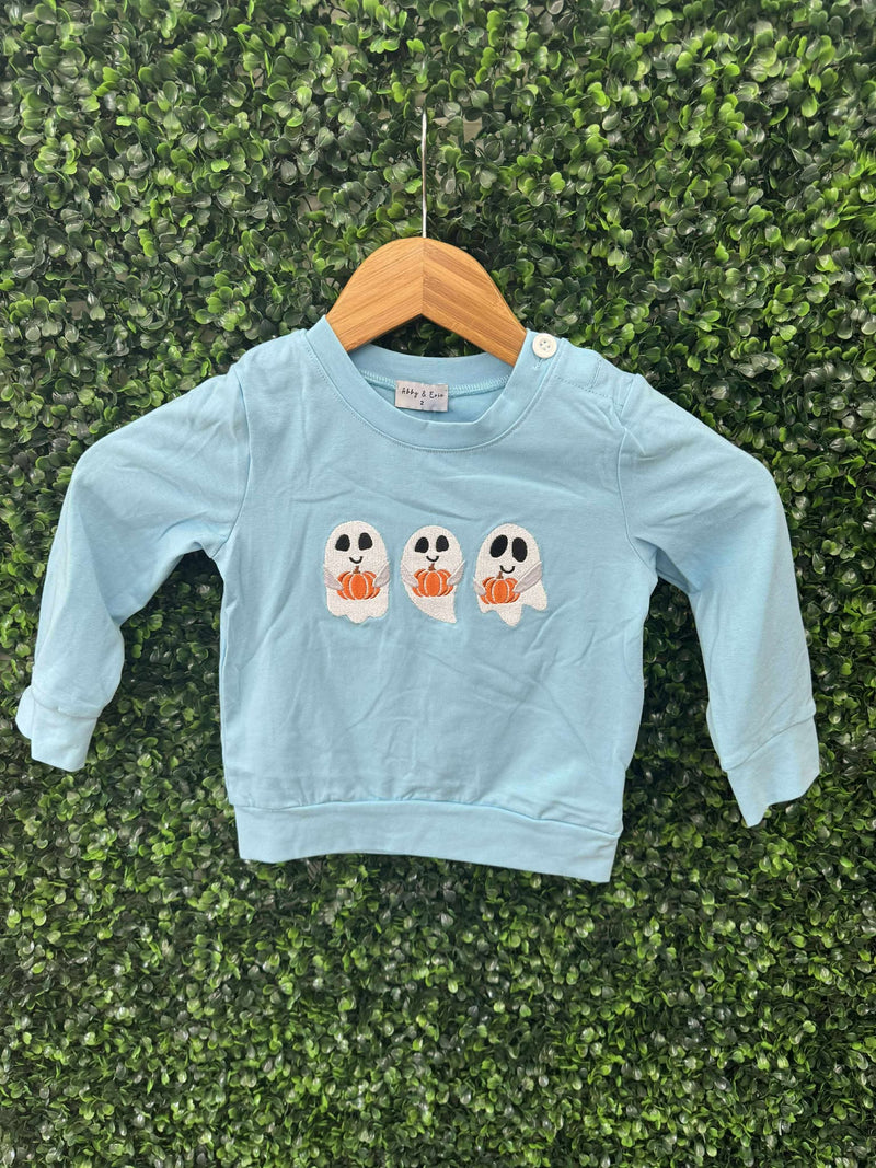 Honeydew Blue ghost pumpkin embroidery top