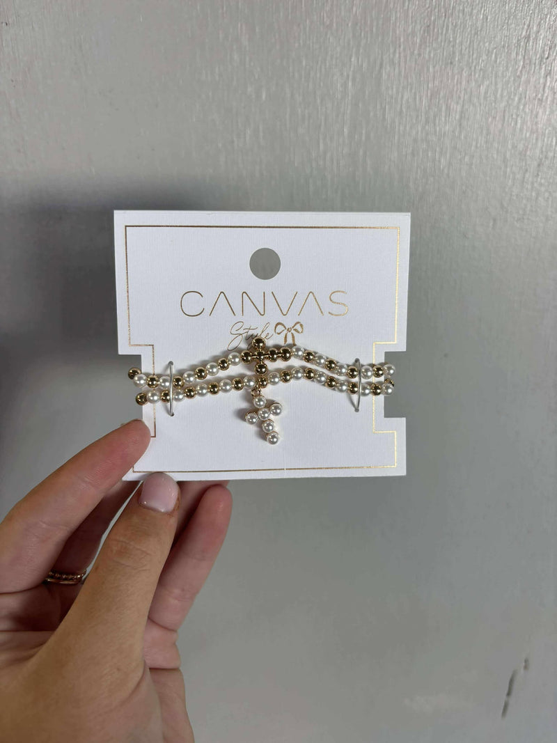 CANVAS- Emily Pearl & Ball Bead Cross Bracelet Set