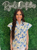 Umgee- Blue flower Print top with Lace Trim Details