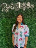 Umgee - Blue Print Ruffle Neck Top