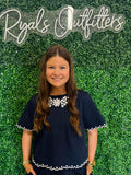 Jodfil- Navy Top with White Flower Collar