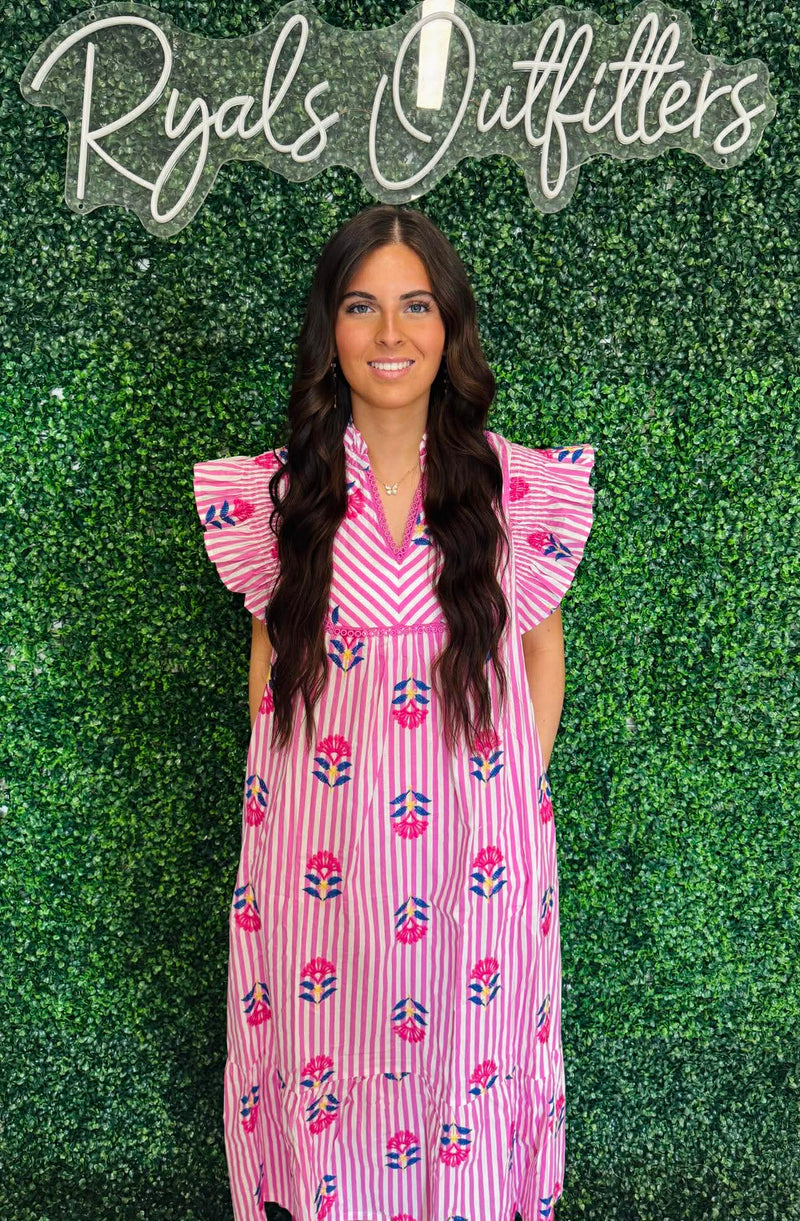 Umgee- Pink and White striped Flower Detailed Dress