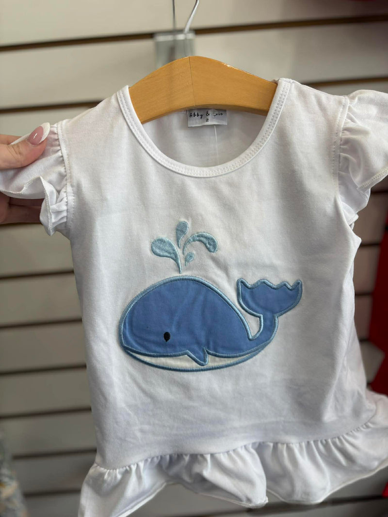 Blue whale applique ruffle shorts set