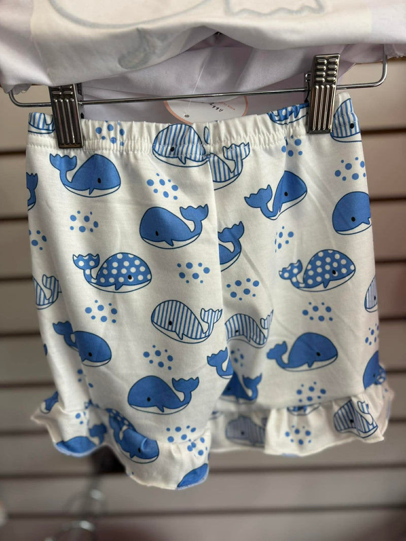 Blue whale applique ruffle shorts set