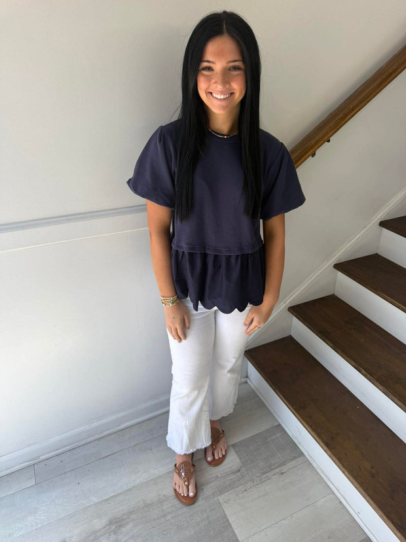 SHE+SKY- Puff Sleeve Knit and Woven Scallop Hem Top