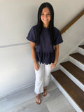 SHE+SKY- Puff Sleeve Knit and Woven Scallop Hem Top