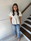 SHE+SKY- Puff Sleeve Knit and Woven Scallop Hem Top