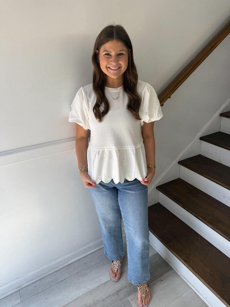 SHE+SKY- Puff Sleeve Knit and Woven Scallop Hem Top