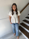 SHE+SKY- Puff Sleeve Knit and Woven Scallop Hem Top