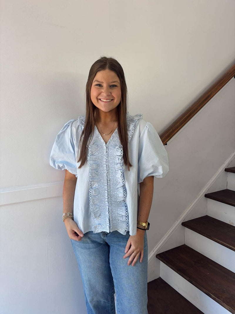 She+Sky- Puff Sleeve Smocked Lace Hem Light  Blue Top