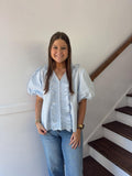 She+Sky- Puff Sleeve Smocked Lace Hem Light  Blue Top