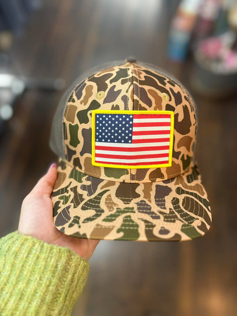 LB-- Old School Camo Patriotic Patch Trucker Hat